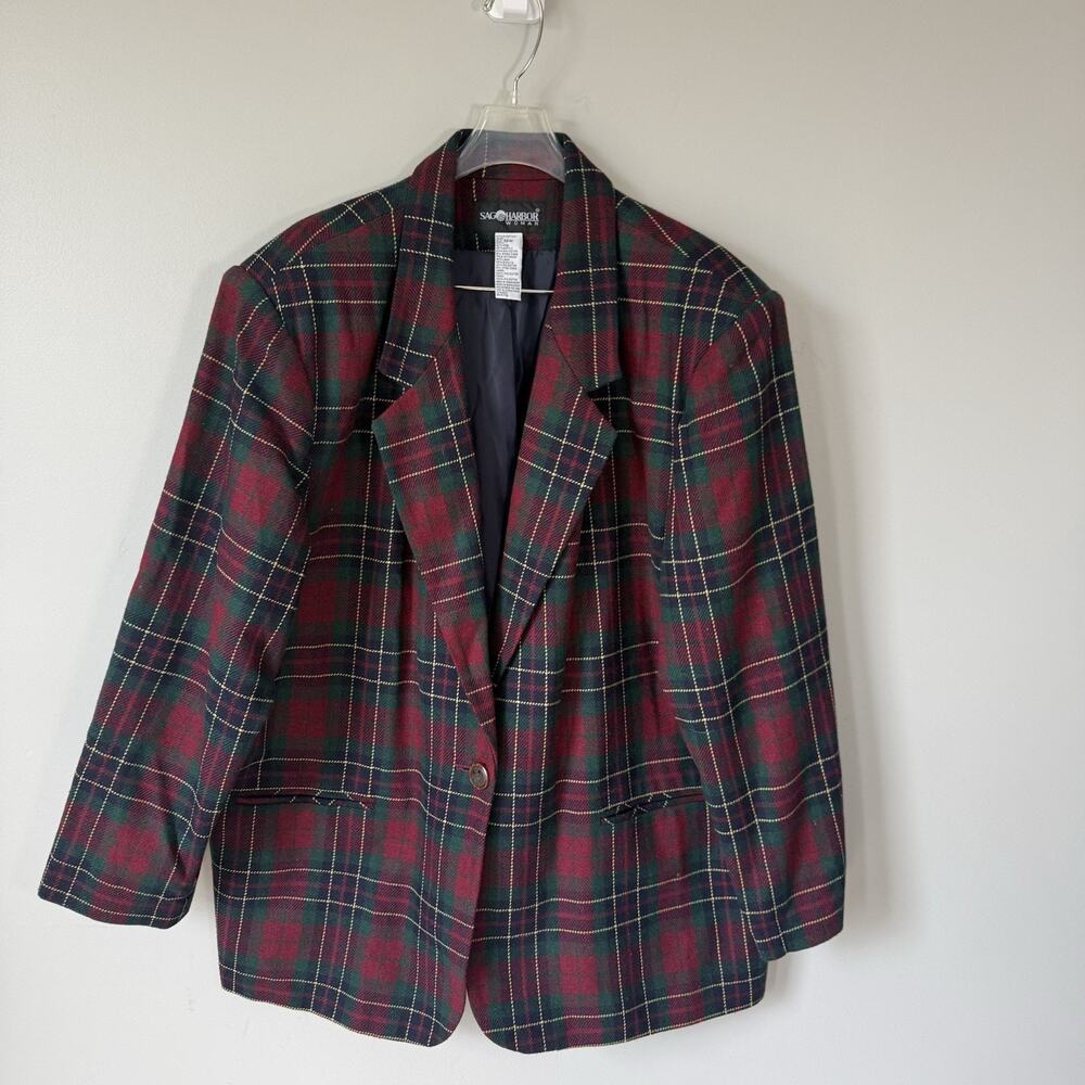 VTG 90s Sag Harbor Blazer Jacket Womens 22W Green Red Wool Tartan Plaid Office